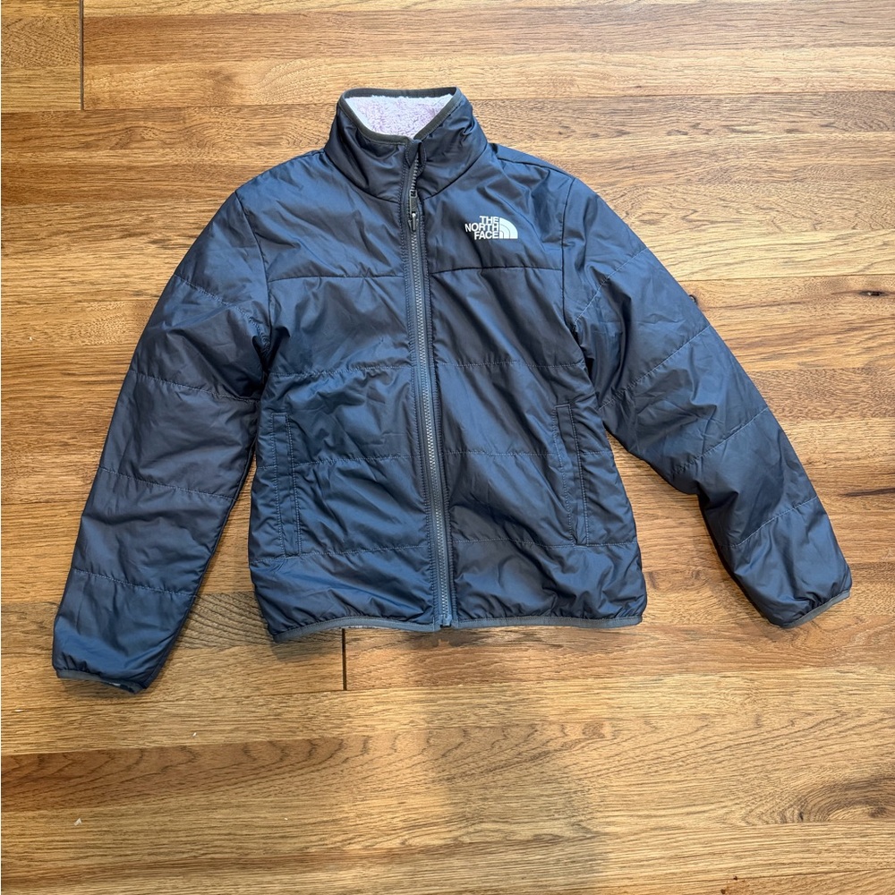 The North Face Kids Charcoal Lavender Puffer‎ Jacket Sz 10 Reversible Fleece